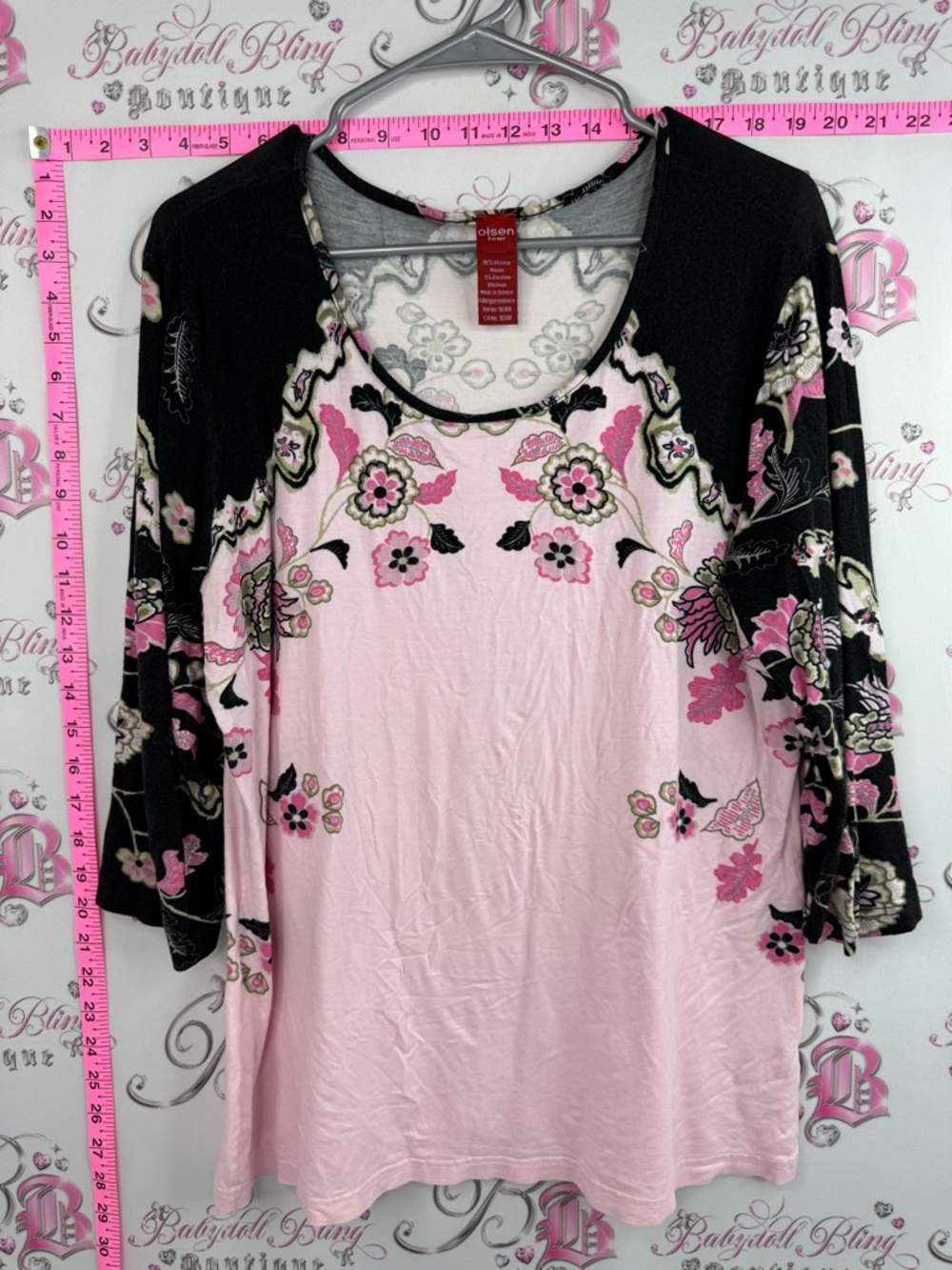 Olsen Europe, shirt, Pink Floral Raglan Long Sleeve Top with Black Sleeves